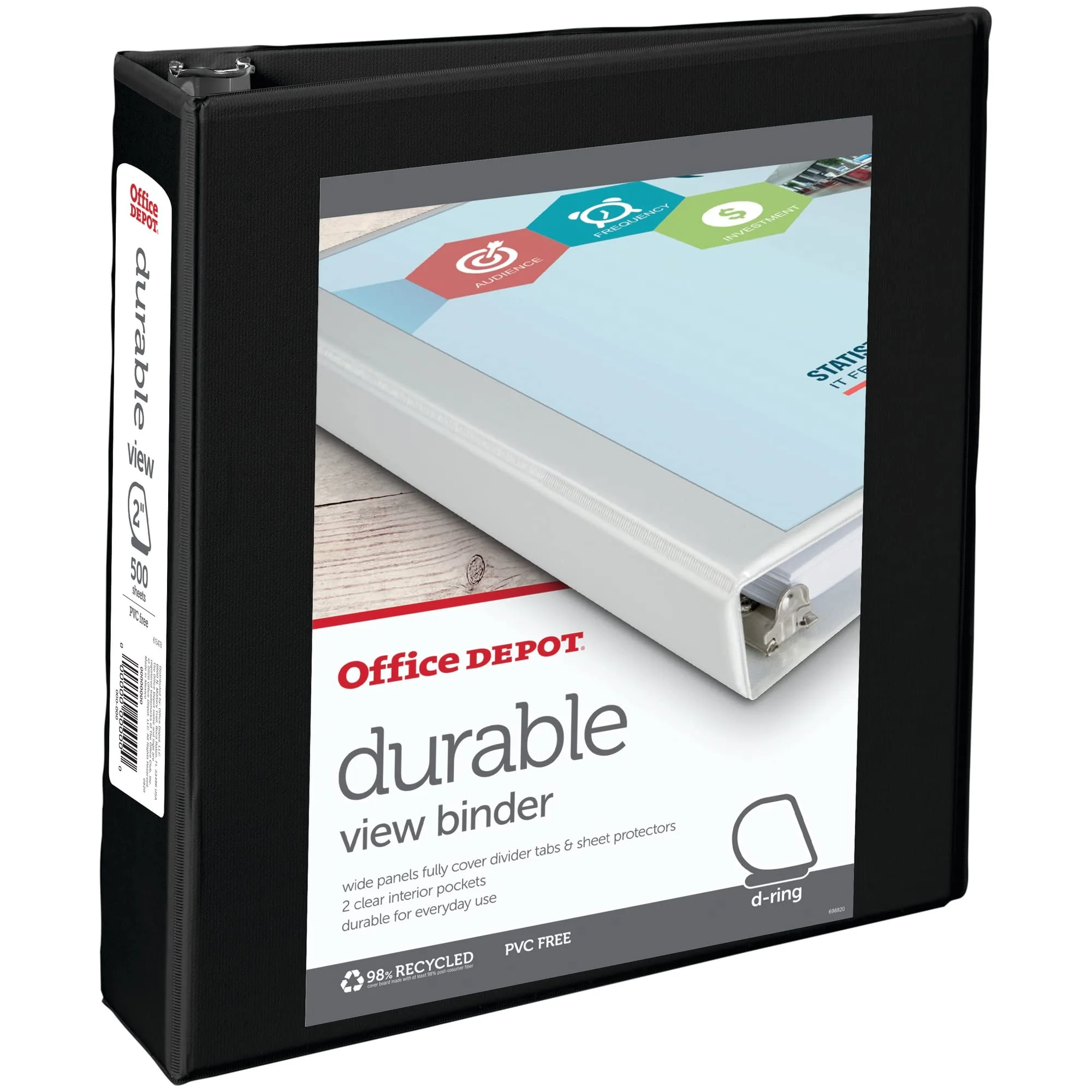 Office Depot® Brand Durable View Slant-Ring Binder, 2" Rings, 39% Recycled, Black