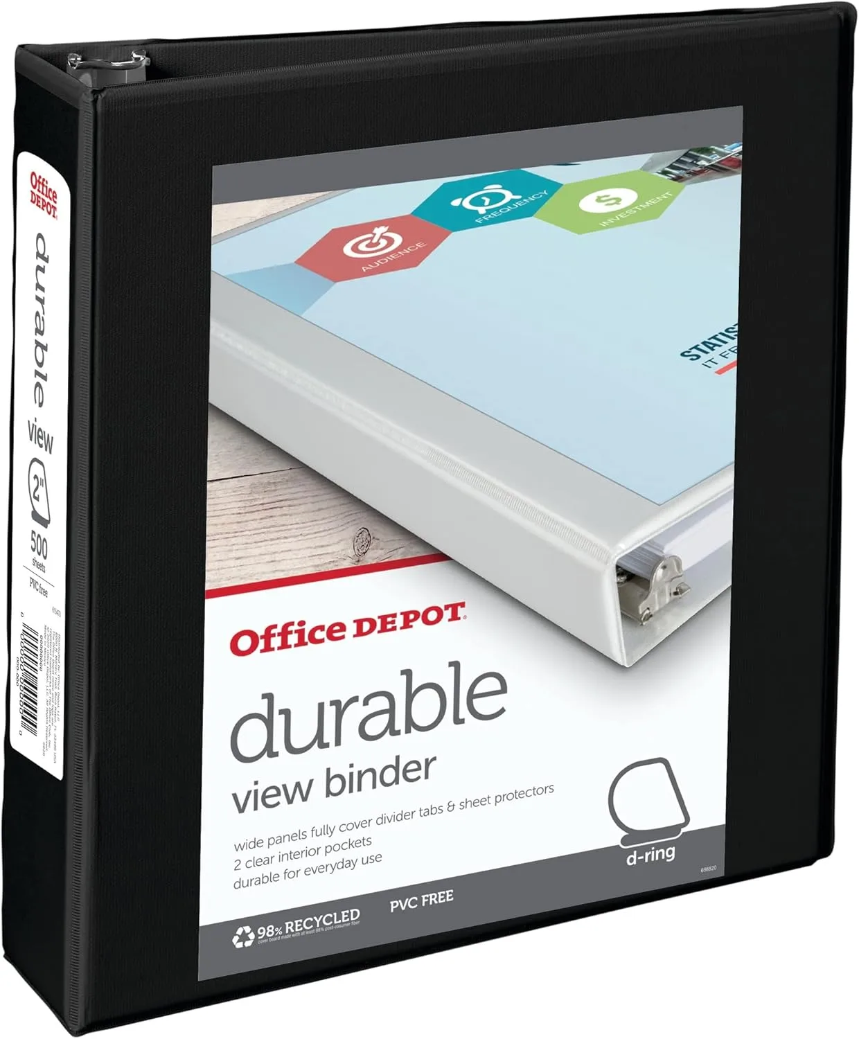 Office Depot® Brand Durable View Slant-Ring Binder, 2" Rings, 39% Recycled, Black