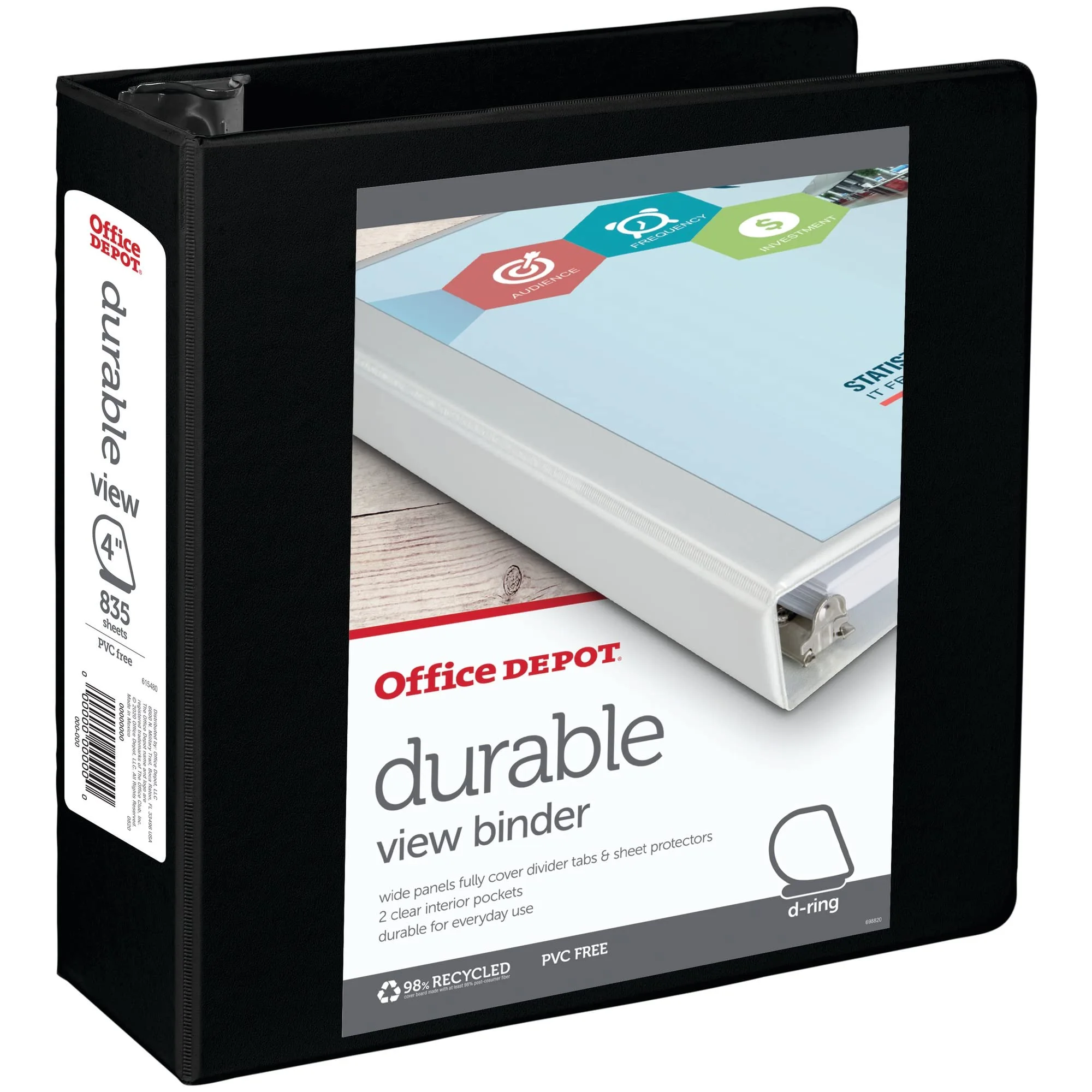 Office Depot Brand Durable View D-Ring Binder, 4in Rings, 39% Recycled, Black