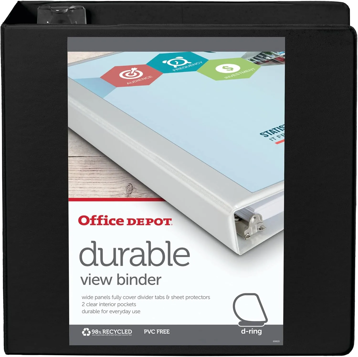Office Depot Brand Durable View D-Ring Binder, 4in Rings, 39% Recycled, Black
