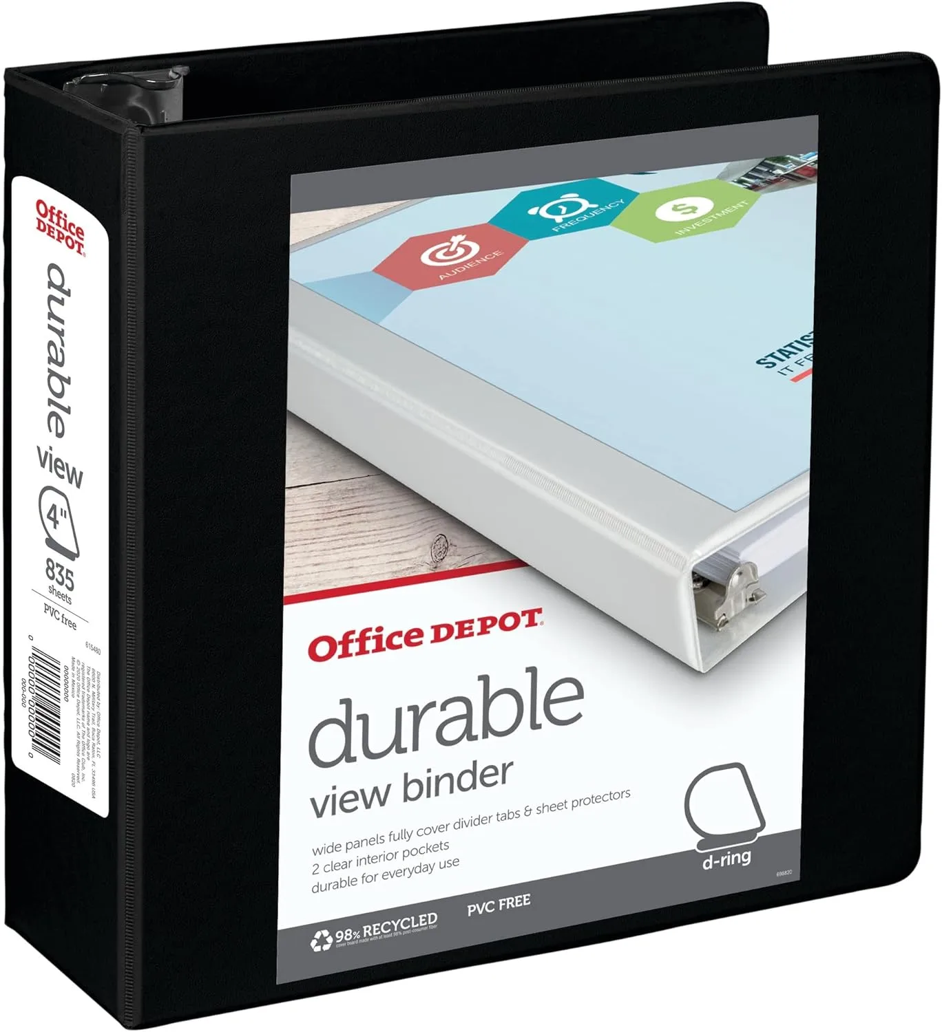 Office Depot Brand Durable View D-Ring Binder, 4in Rings, 39% Recycled, Black