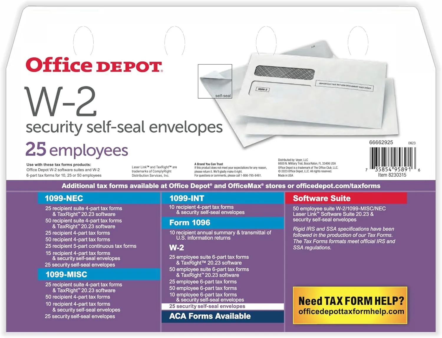 Office Depot® Brand Double-Window Self-Seal Envelopes For W-2 Tax Forms, 9 1/4" x 5 5/8", White, Pack Of 25 Envelopes