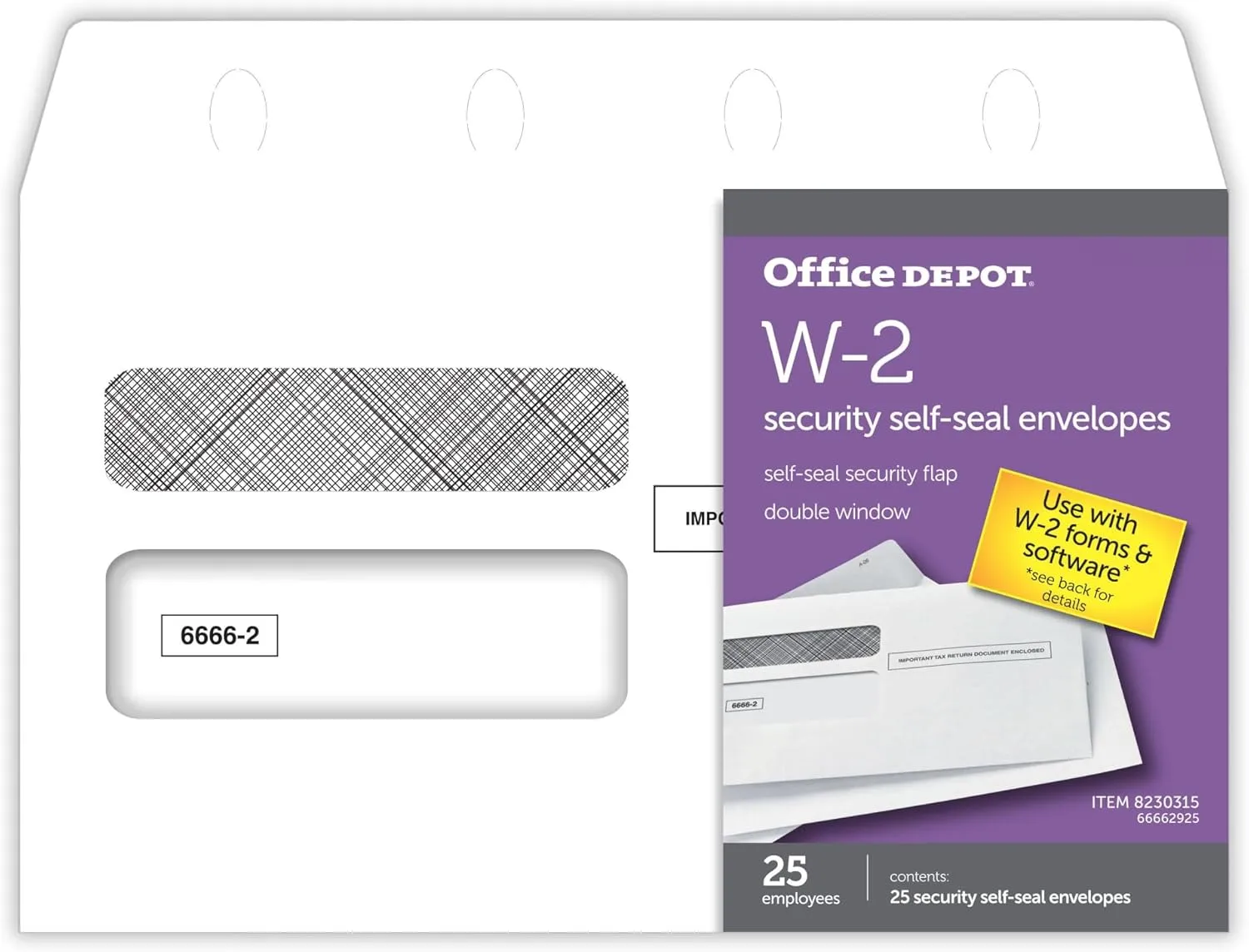 Office Depot® Brand Double-Window Self-Seal Envelopes For W-2 Tax Forms, 9 1/4" x 5 5/8", White, Pack Of 25 Envelopes