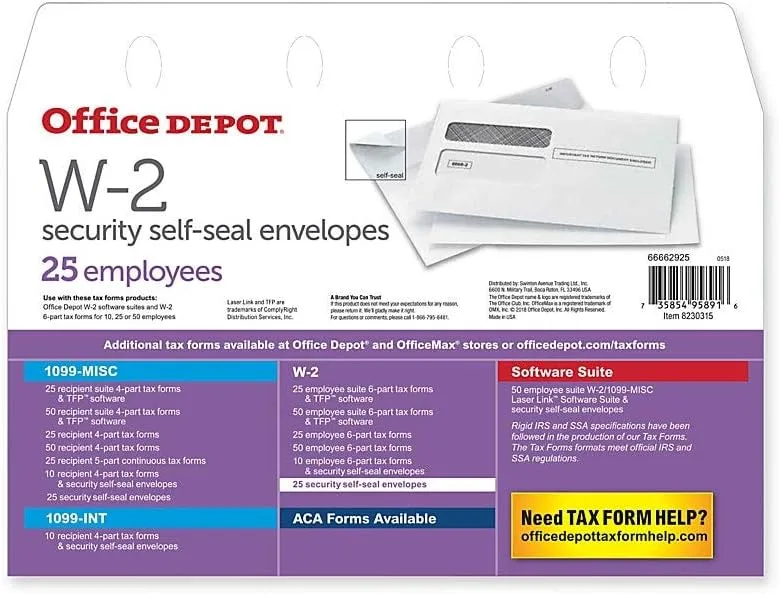 Office Depot® Brand Double-Window Self-Seal Envelopes For W-2 Tax Forms, 9 1/4" x 5 5/8", White, Pack Of 25 Envelopes