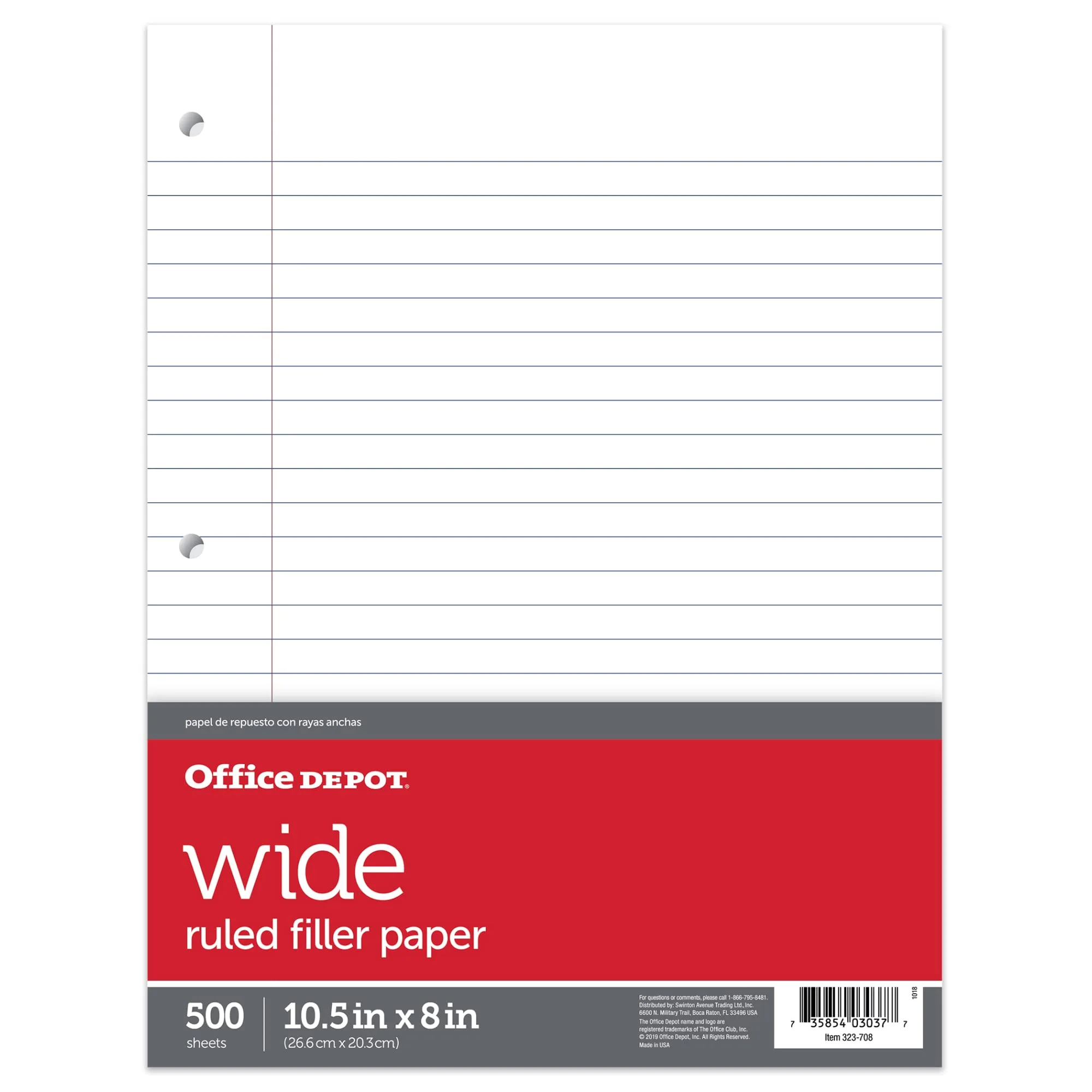 Office Depot Ruled Filler Paper, 3-Hole Punched, 16-Lb, Wide Ruled, 10.5 x 8 in, 500 Sheets