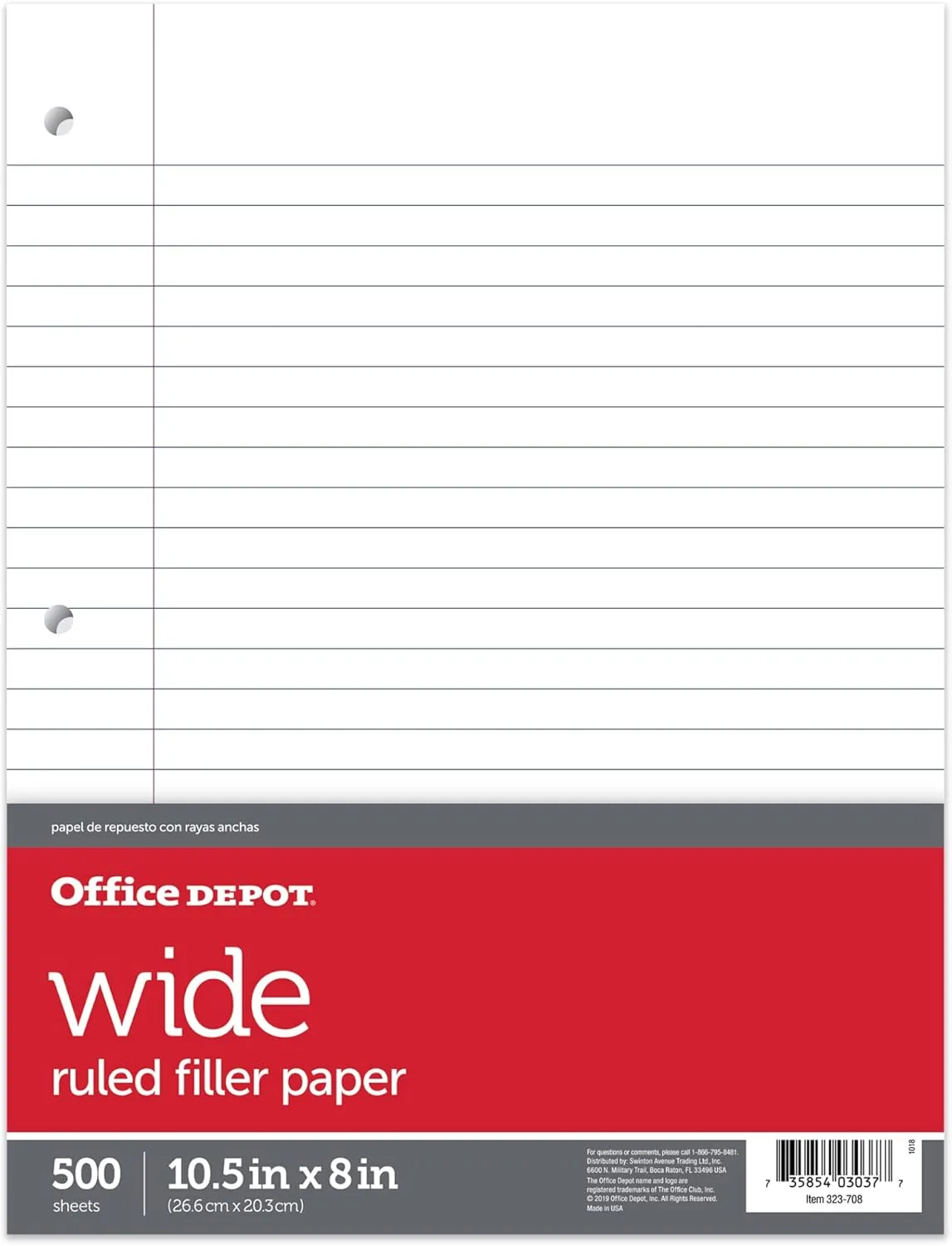 Office Depot Ruled Filler Paper, 3-Hole Punched, 16-Lb, Wide Ruled, 10.5 x 8 in, 500 Sheets