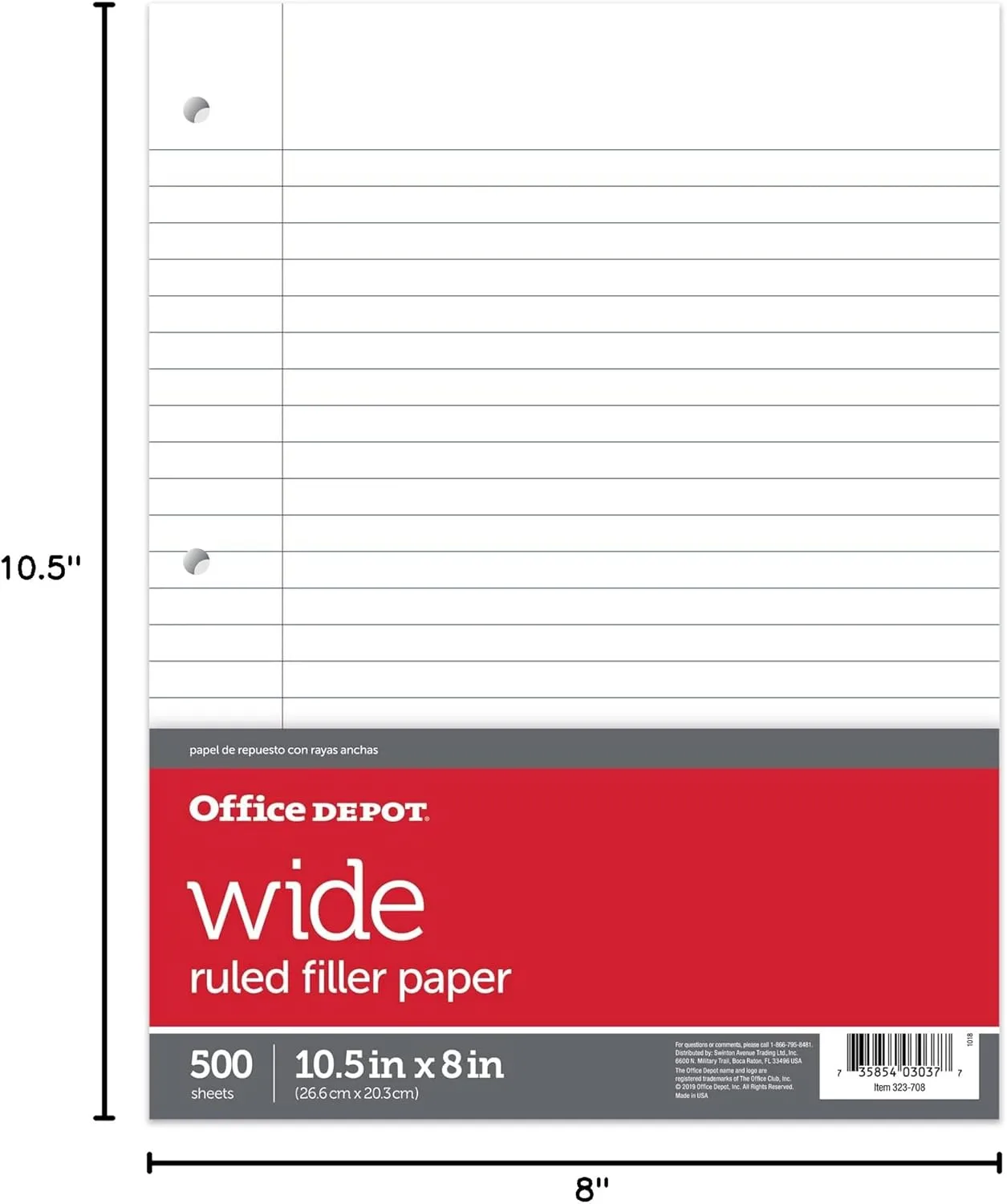 Office Depot Ruled Filler Paper, 3-Hole Punched, 16-Lb, Wide Ruled, 10.5 x 8 in, 500 Sheets