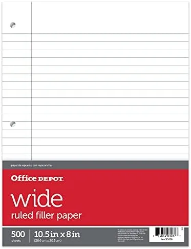 Office Depot Ruled Filler Paper, 3-Hole Punched, 16-Lb, Wide Ruled, 10.5 x 8 in, 500 Sheets