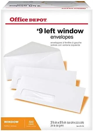 Office Depot® Brand Window Envelopes, Window On Bottom Left, #9, 3 7/8" x 8 7/8", White, Box Of 500