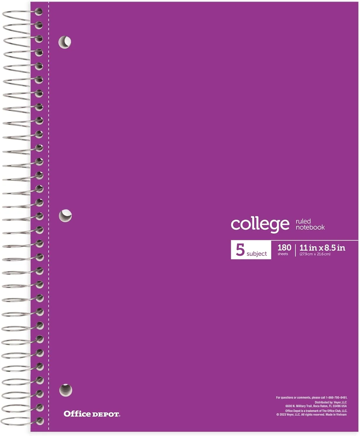 Office Depot® Wirebound Notebooks, 8 1/2" x 11", 5 Subjects, College Ruled, 180 Sheets, Assorted Colors, Pack Of 6 Notebooks