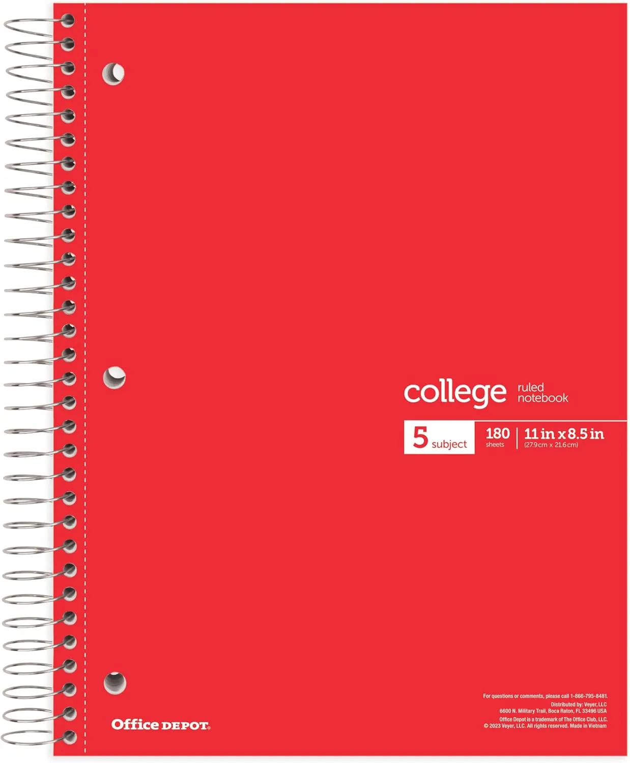 Office Depot® Wirebound Notebooks, 8 1/2" x 11", 5 Subjects, College Ruled, 180 Sheets, Assorted Colors, Pack Of 6 Notebooks