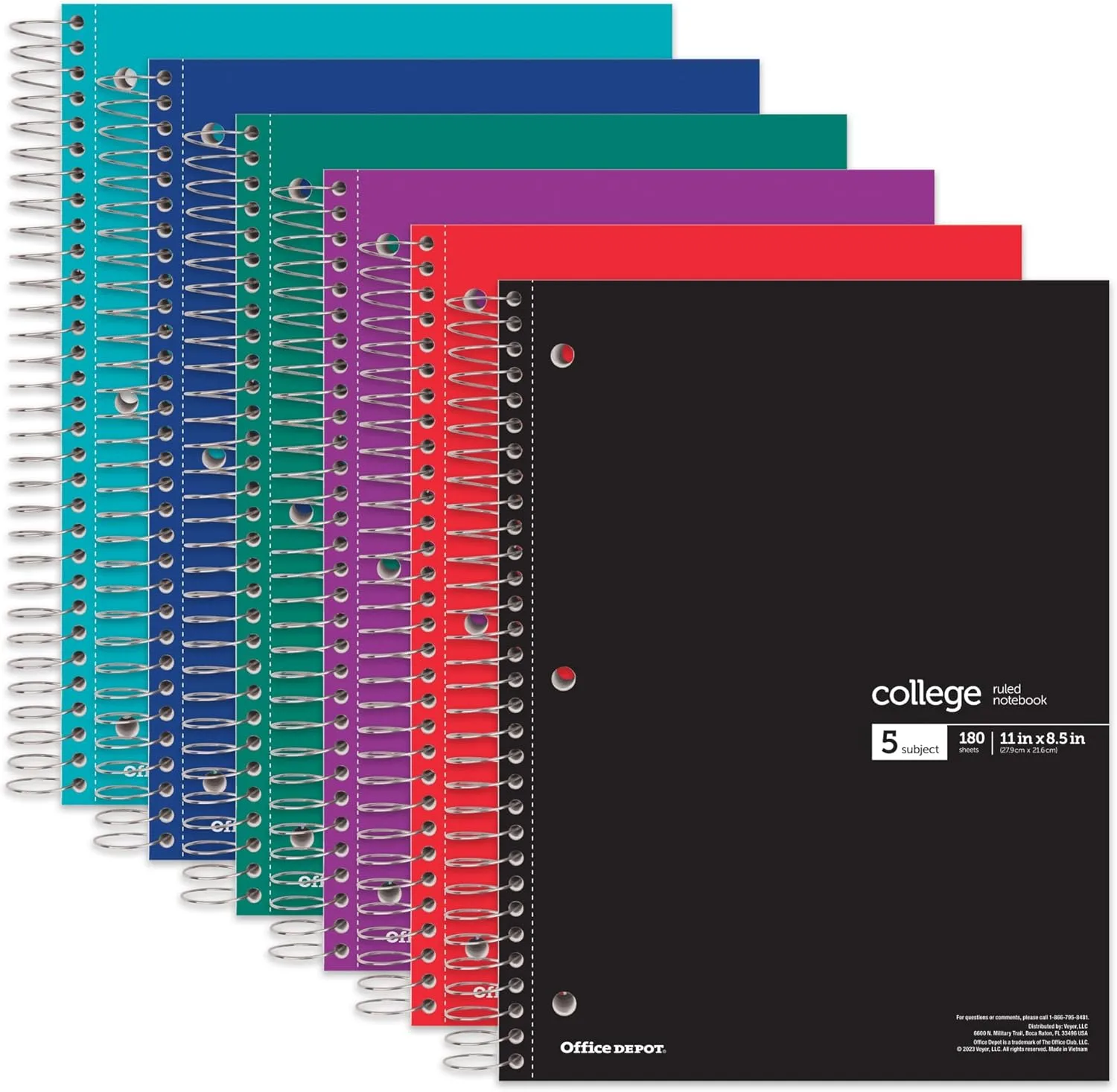 Office Depot® Wirebound Notebooks, 8 1/2" x 11", 5 Subjects, College Ruled, 180 Sheets, Assorted Colors, Pack Of 6 Notebooks