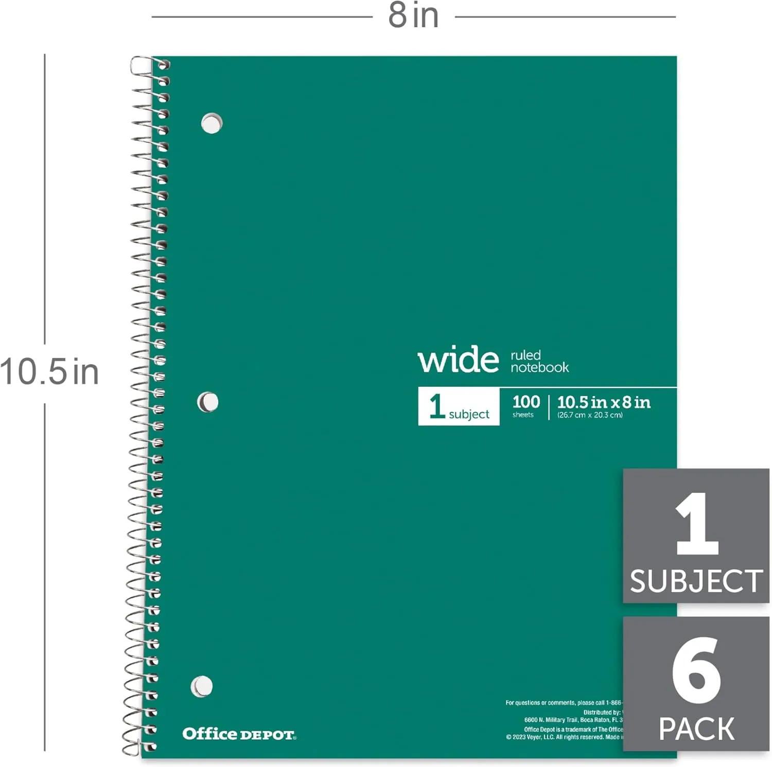 Office Depot® Wirebound Notebooks, 8" x 10-1/2", 1 Subject, Wide Ruled, 100 Sheets, Assorted Colors, Pack Of 6 Notebooks