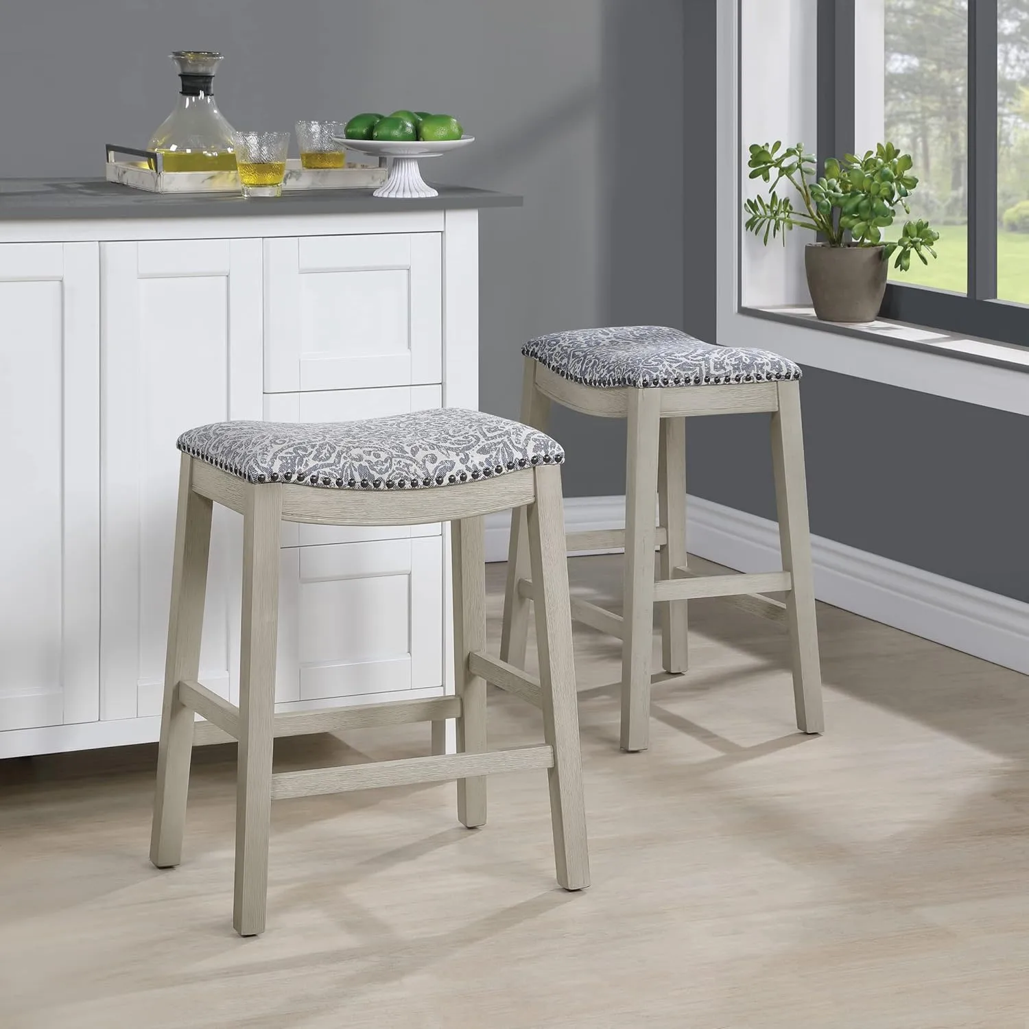 OSP Home Furnishings Metro Farmhouse Saddle Stool with Nailhead Trim, 2-Pack, 24-inch Counter Height