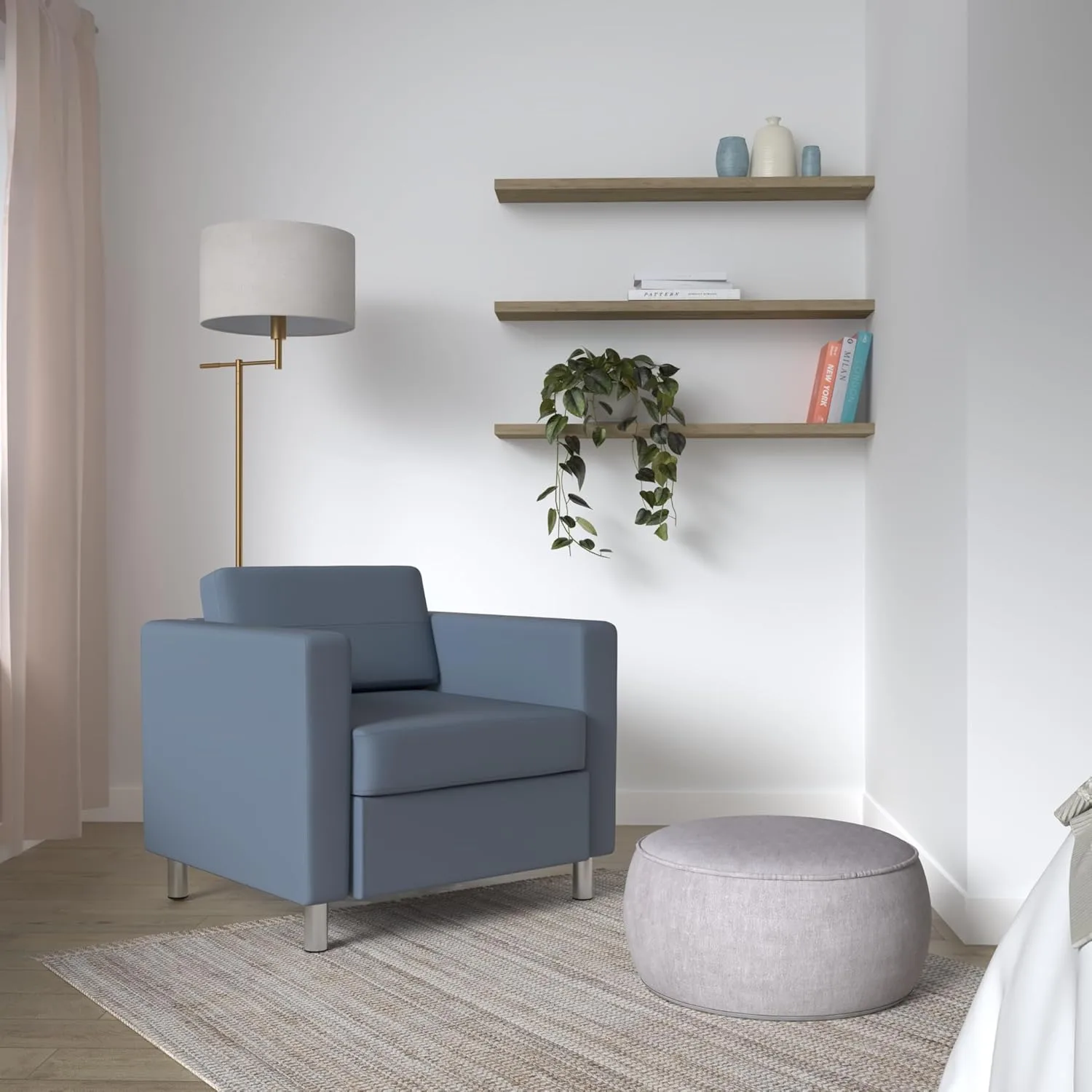 Office Star Pacific Armchair with Padded Box Spring Seats and Silver Finish Legs, Dillon Blue Faux Leather
