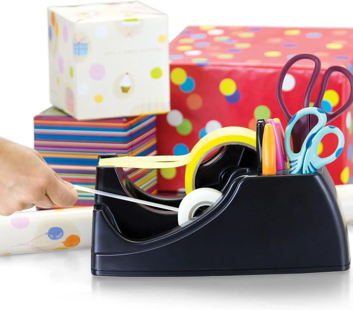Officemate Recycled 2-in-1 Heavy Duty Tape Dispenser, 1" and 3" Cores, Black (96690)