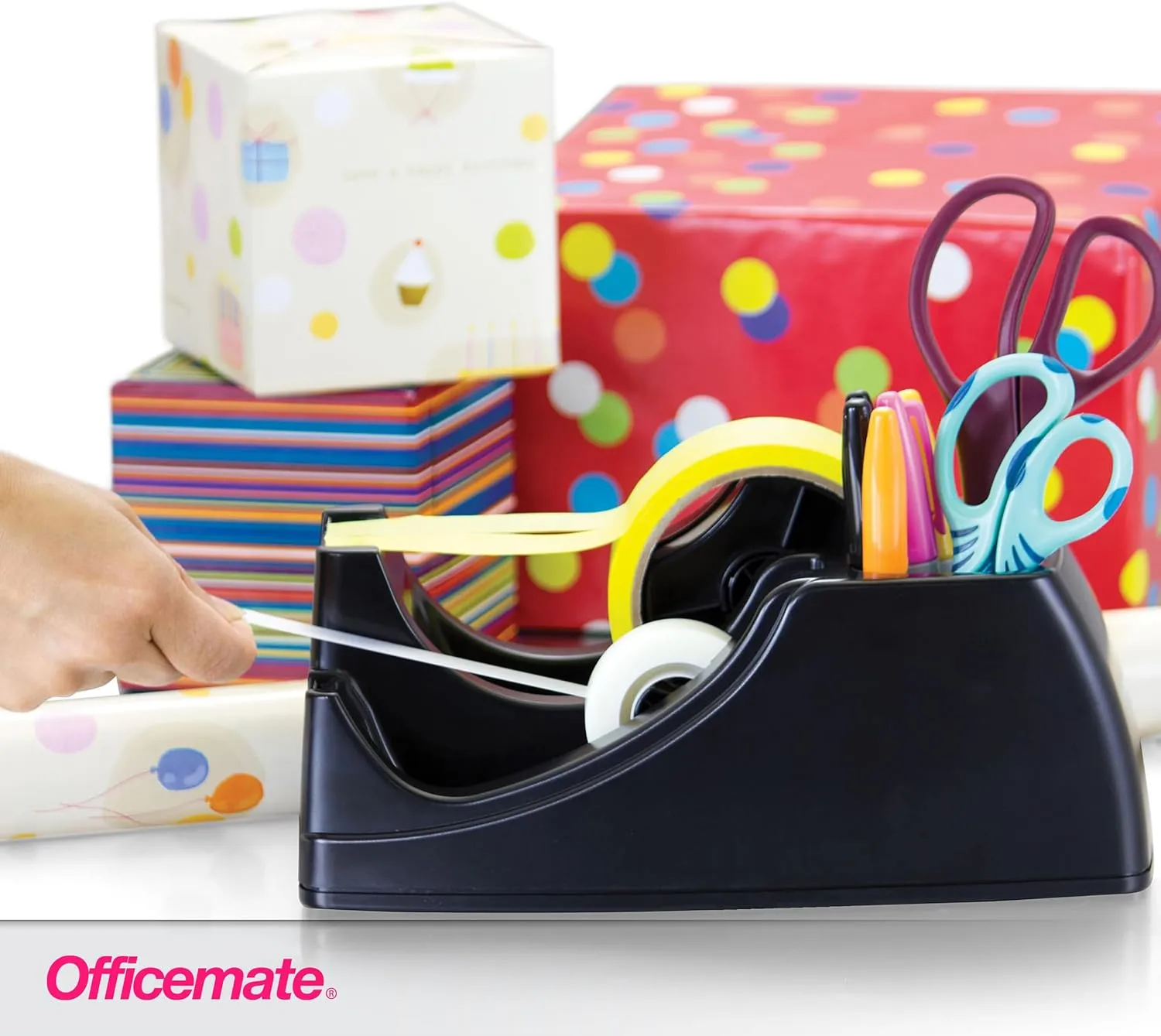 Officemate Recycled 2-in-1 Heavy Duty Tape Dispenser, 1" and 3" Cores, Black (96690)