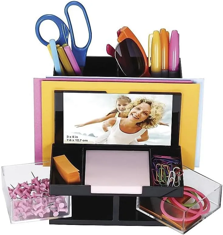 OIC VersaPlus Plastic 9-Compartment Desk Organizer, 5 1/2inH x 6 1/4inW x 6 5/16inD, Black/Clear