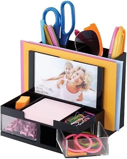 OIC VersaPlus Plastic 9-Compartment Desk Organizer, 5 1/2inH x 6 1/4inW x 6 5/16inD, Black/Clear