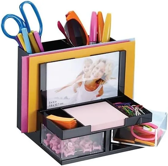 OIC VersaPlus Plastic 9-Compartment Desk Organizer, 5 1/2inH x 6 1/4inW x 6 5/16inD, Black/Clear