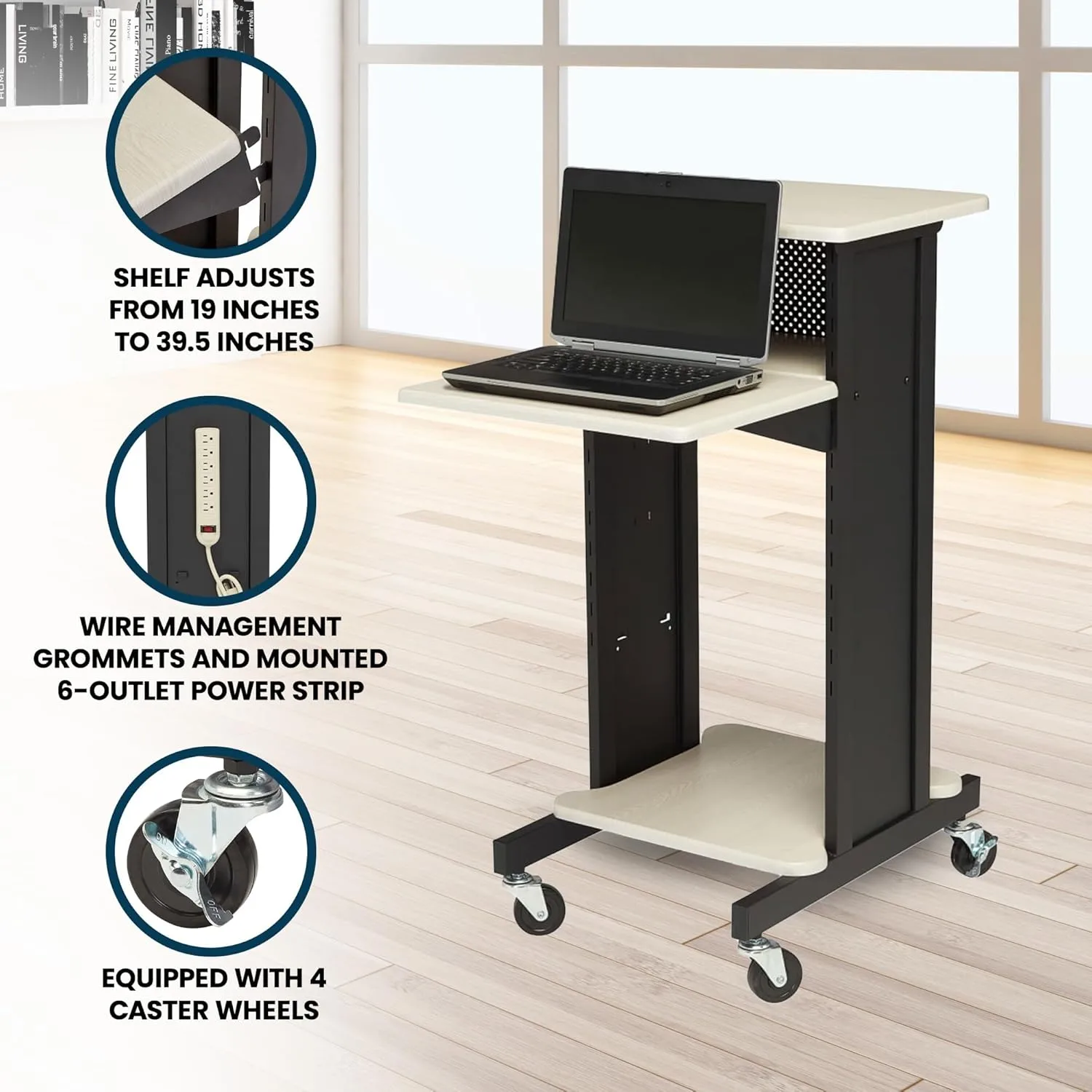 Oklahoma Sound PRC200 Steel Premium Presentation Cart, 18" Width x 40-1/2" Height x 30" Depth, Ivory Woodgrain/Black