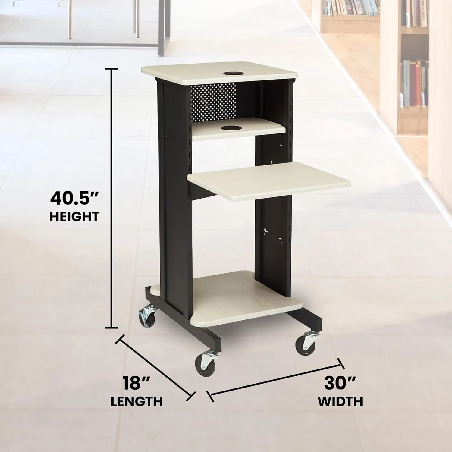 Oklahoma Sound PRC200 Steel Premium Presentation Cart, 18" Width x 40-1/2" Height x 30" Depth, Ivory Woodgrain/Black