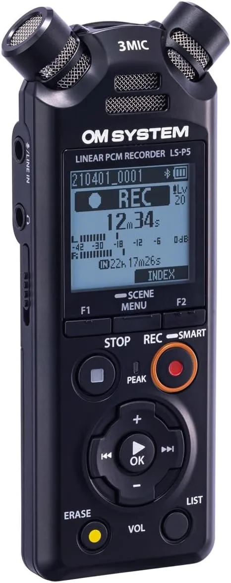 OM SYSTEM Olympus LS-P5 PCM Recorder with tresmic 3-Microphone, Bluetooth, USB Mic Mode, 16GB
