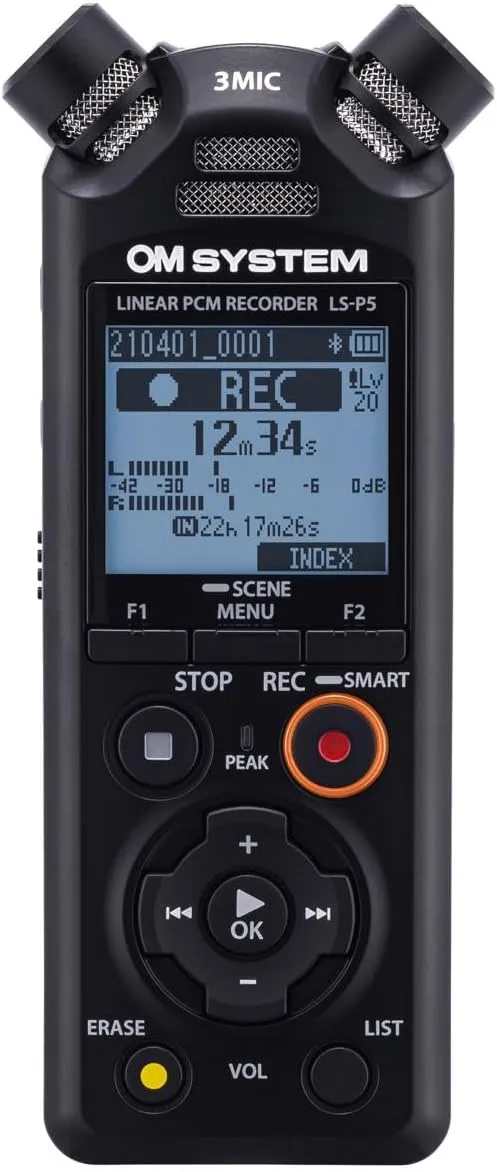 OM SYSTEM Olympus LS-P5 PCM Recorder with tresmic 3-Microphone, Bluetooth, USB Mic Mode, 16GB