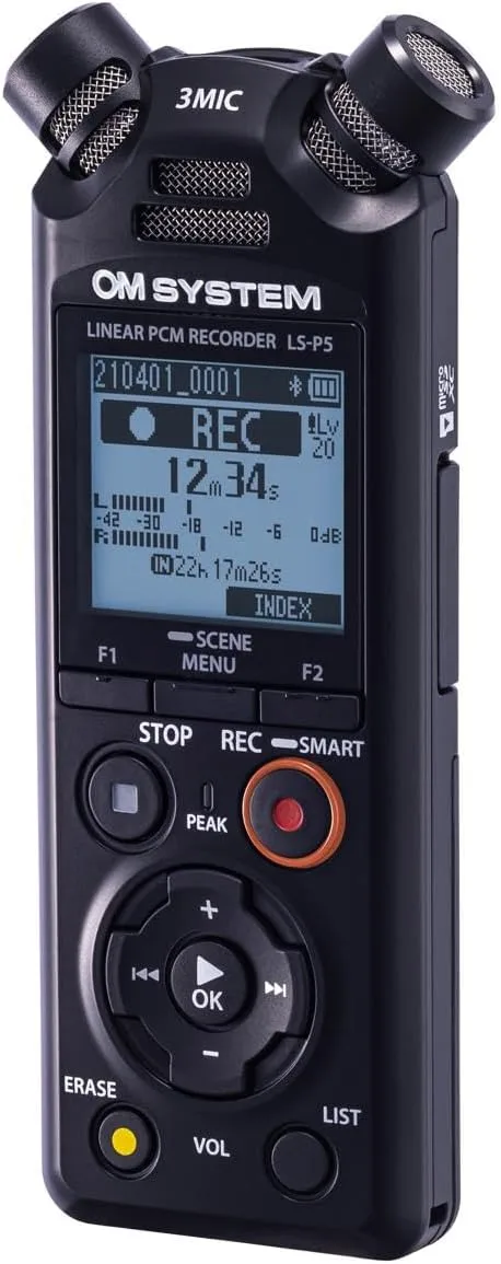 OM SYSTEM Olympus LS-P5 PCM Recorder with tresmic 3-Microphone, Bluetooth, USB Mic Mode, 16GB