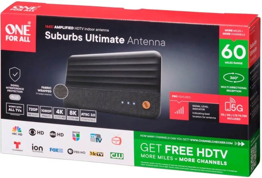 One For All Antenna - Upto 60 Mile - Indoor, HDTV Antenna - Black - Wall/Stand - Multi-directional