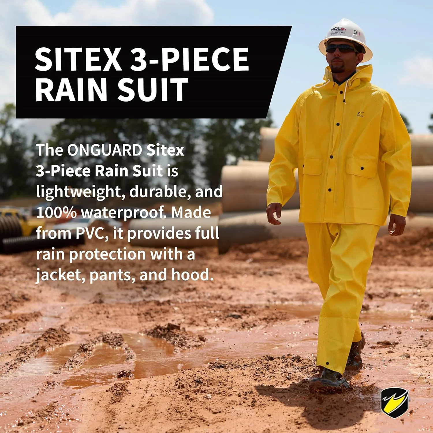 ONGUARD, Sitex 3 Pc Rain Suit, 100% Waterproof PVC, Lightweight and Durable, Yellow, 76515, Size S US