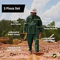 ONGUARD, Sitex 3 Pc Rain Suit, 100% Waterproof PVC, Lightweight and Durable, Green, 76600, Size 2XL US