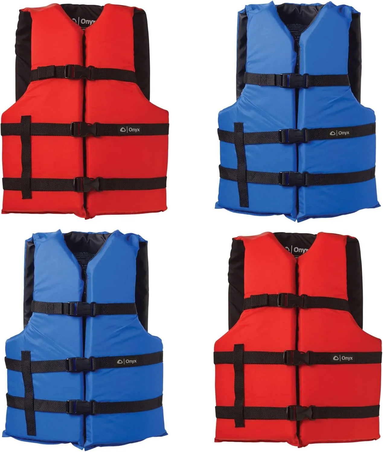 Onyx Adult Universal Life Jacket 4-Pack (2 Red, 2 Blue) - Fits 30-52" Chest