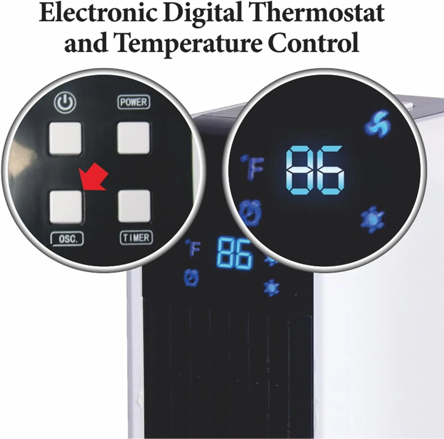 Optimus H-7319 17" Oscillating Tower Heater with Remote, Digi Temp Readout & Setting