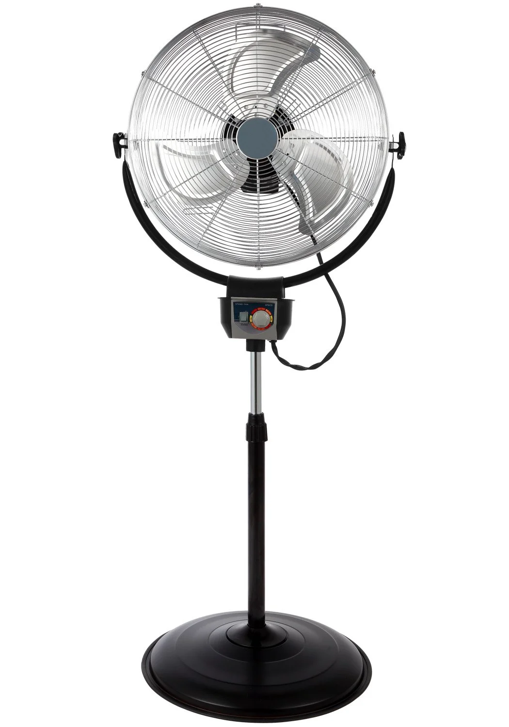 Optimus 20in Adjustable Industrial-Grade HV Oscillating Stand Fan With Chrome Grill, 30in x 24in, Black