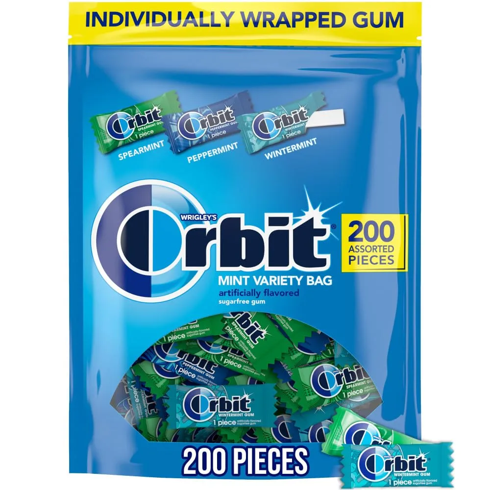 ORBIT Peppermint, Spearmint, & Wintermint Assorted Sugar Free Chewing Gum Bulk Pack, 13.4 oz 200-Piece Bag
