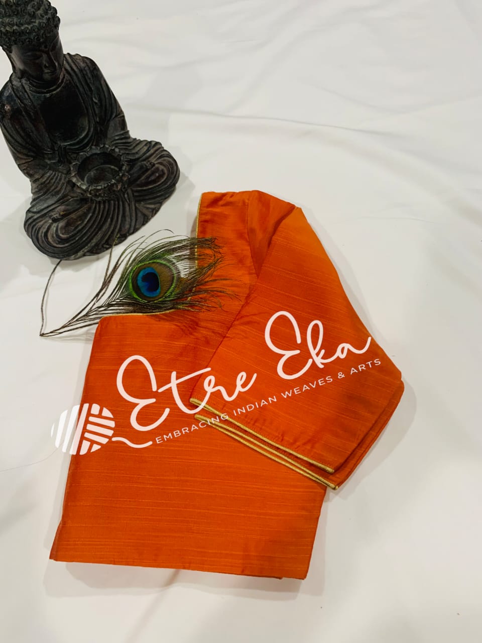 Saree Blouse. Slub Cotton Saree Blouse with Golden Piping on Neck and Sleeves-Large