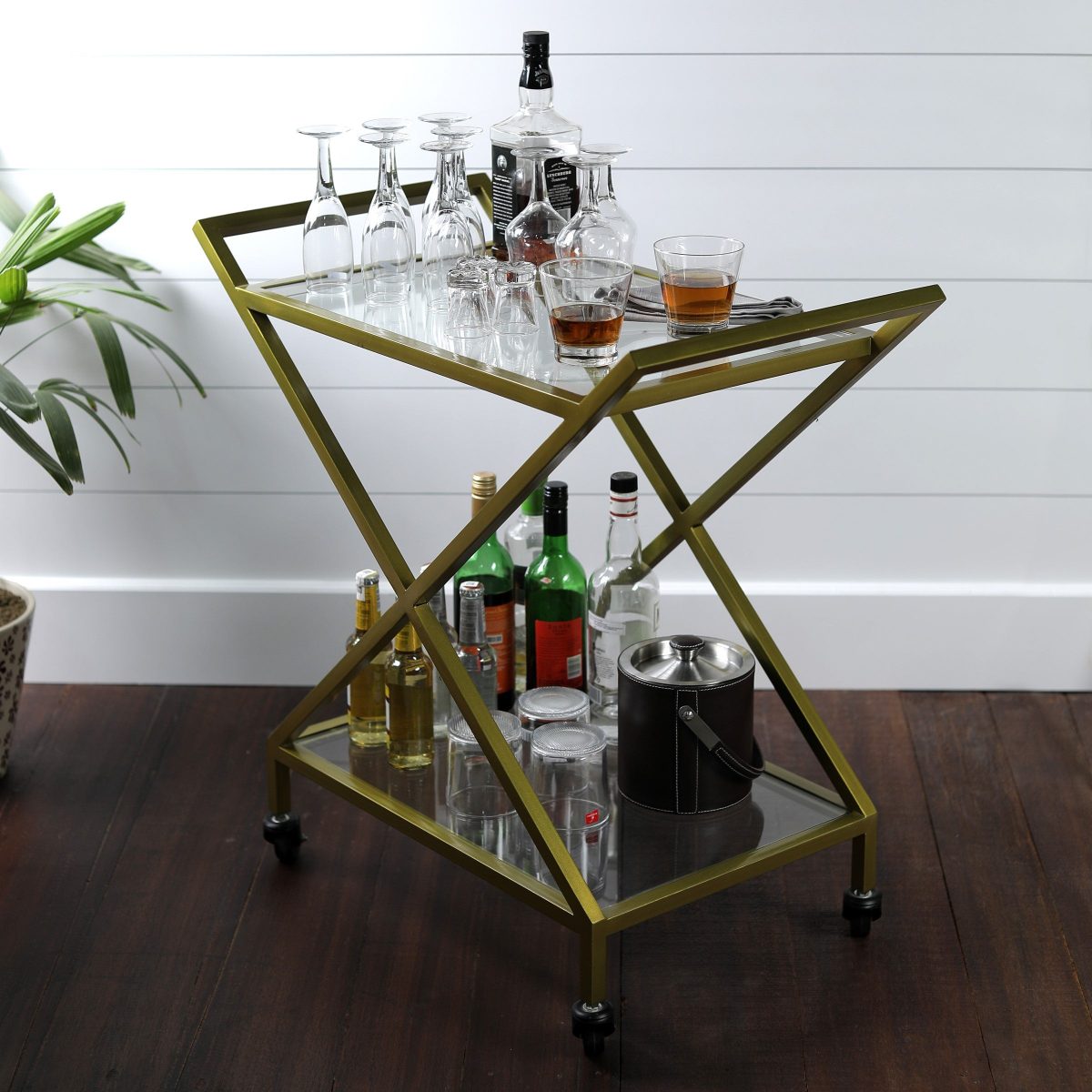 Modern Metal & Glass Bar Trolley | Gold Finish Serving Cart with Wheels