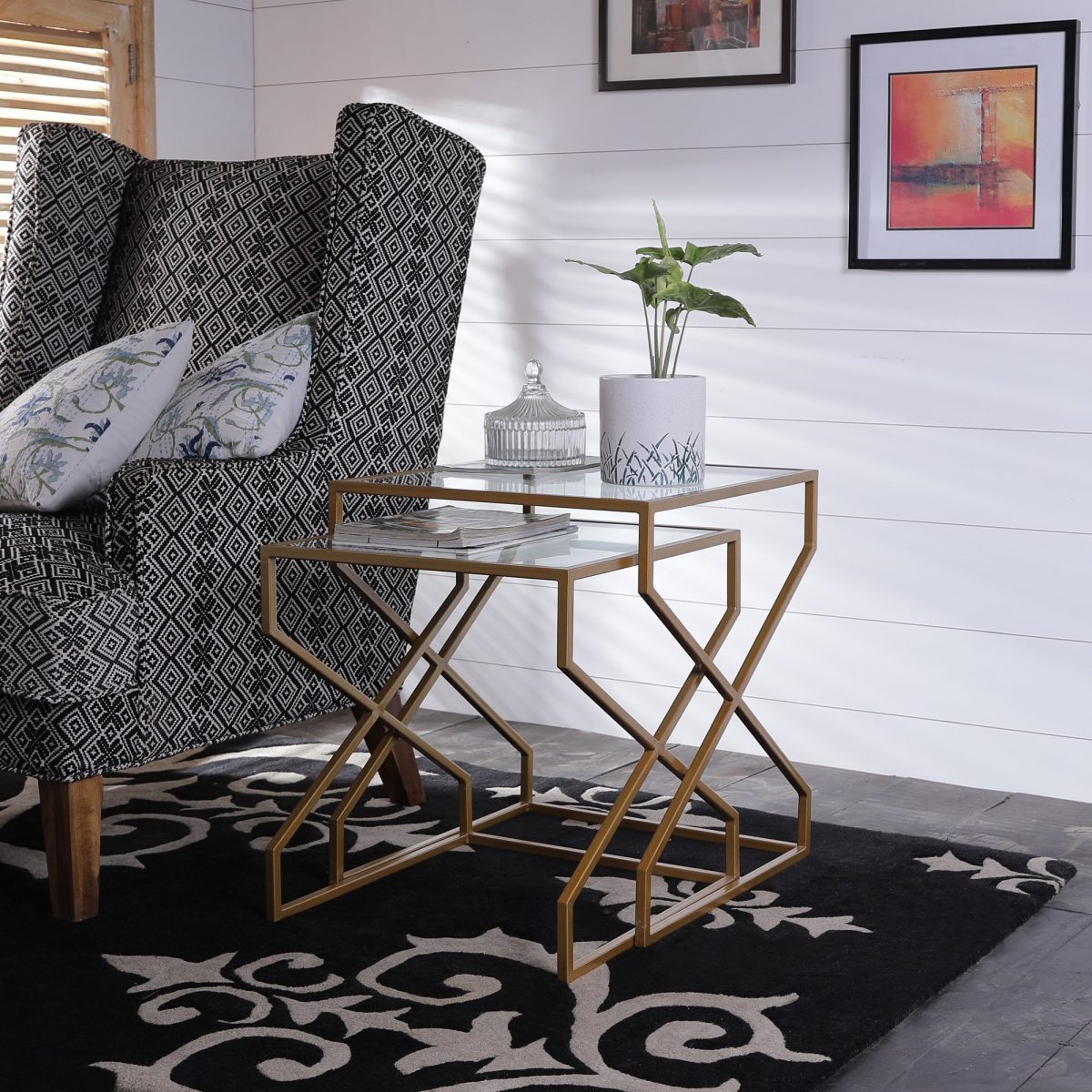 Set of 2 Gold Geometric Metal & Glass Nesting Tables - Modern Accent Side Tables