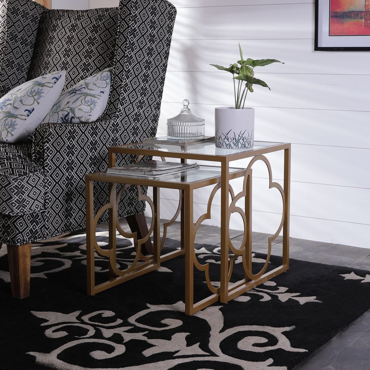 Set of 2 Gold Metal & Glass Nesting Tables - Modern Moroccan Accent Tables