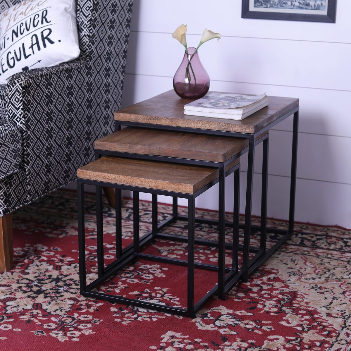 Set of 3 Industrial Wood & Metal Nesting Tables - Rustic Accent Side Tables