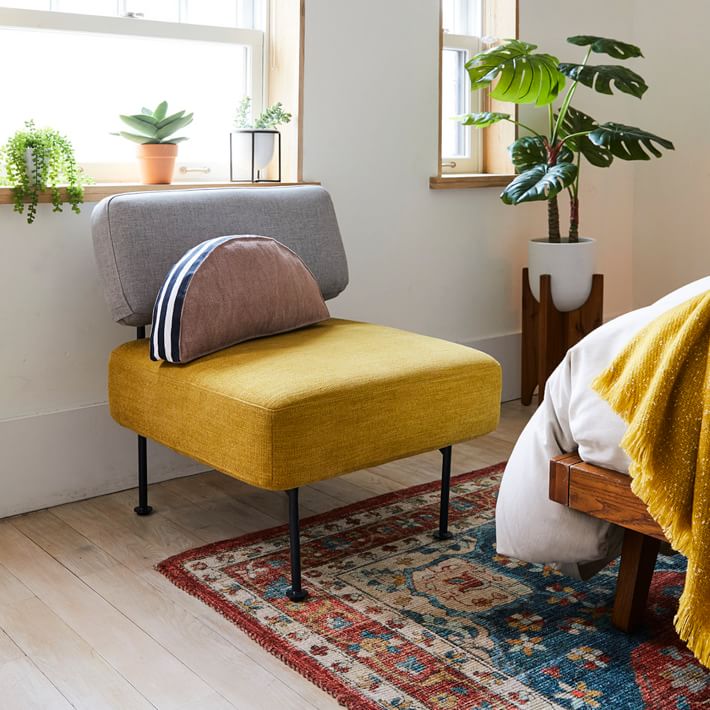 Modern Two-Tone Chaise Lounge | Yellow & Grey Fabric Accent Chair