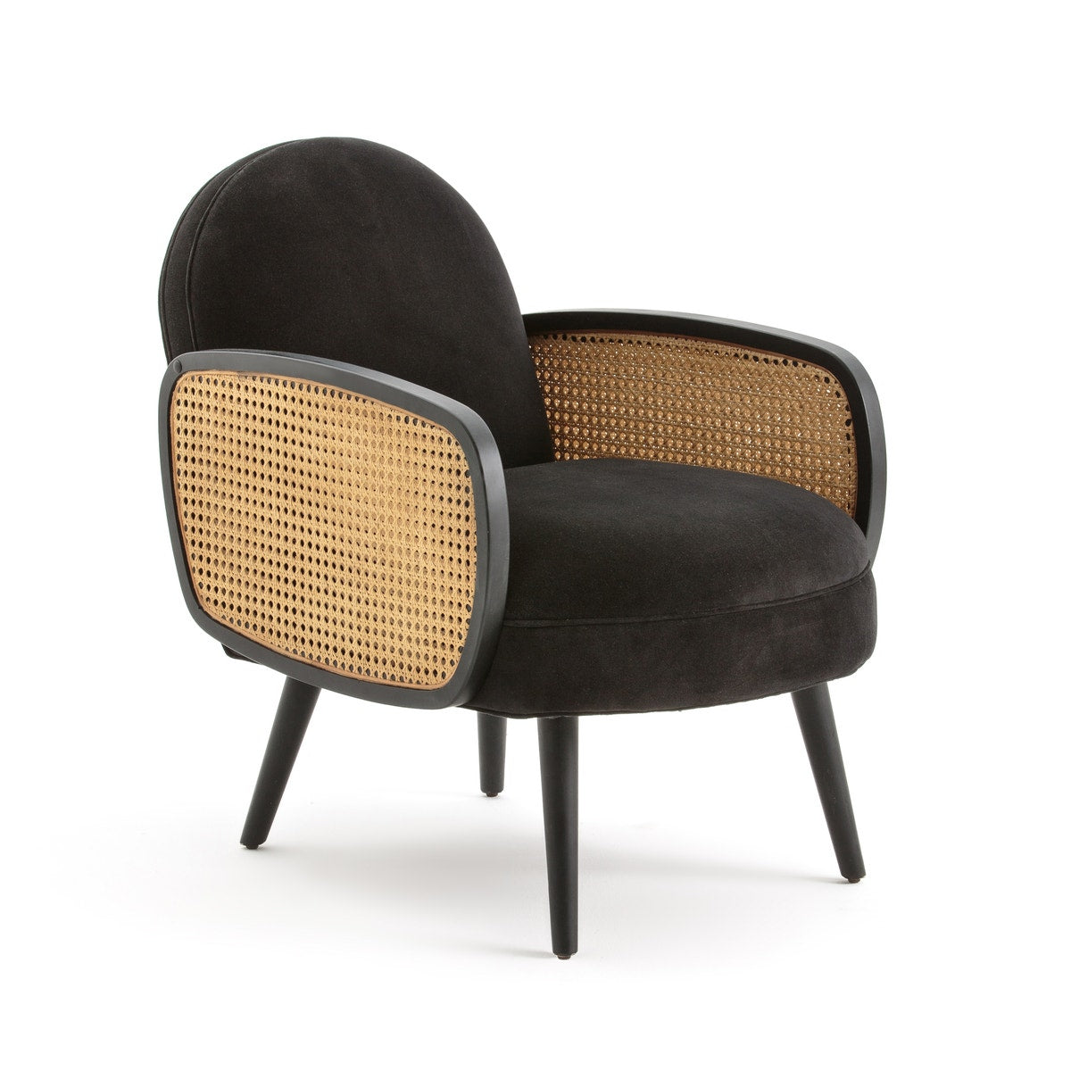 Elegant Rattan & Black Velvet Armchair | Modern Accent Chair