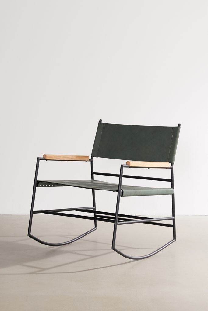 Modern Rocking Chair – Metal Frame with Leather Seat and Wooden Armrests Modern Rocking Chair – Metal Frame with Leather Seat and Wooden Armrests
