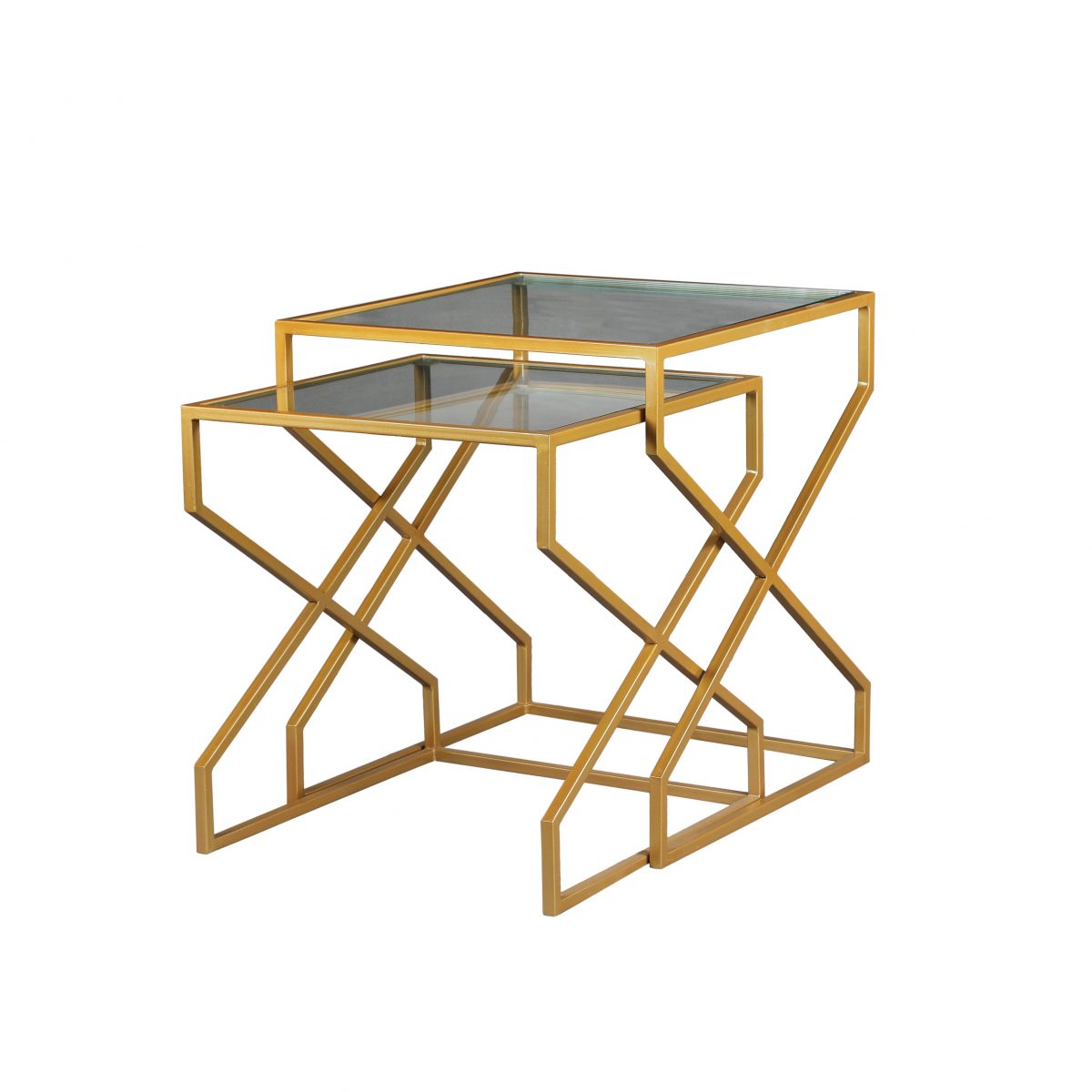 Set of 2 Gold Geometric Metal & Glass Nesting Tables - Modern Accent Side Tables