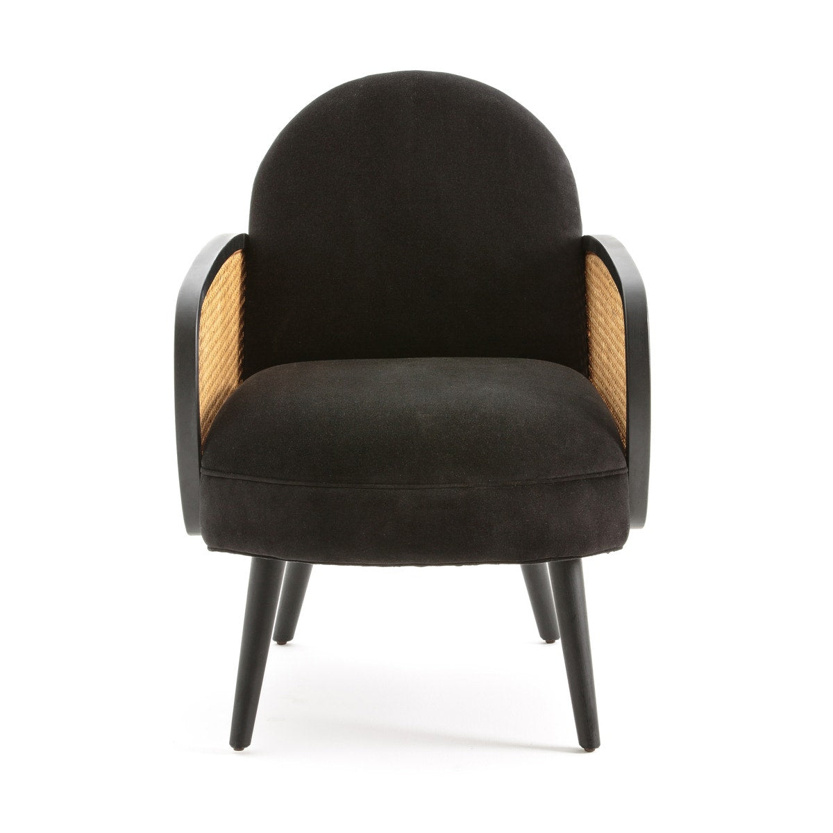 Elegant Rattan & Black Velvet Armchair | Modern Accent Chair