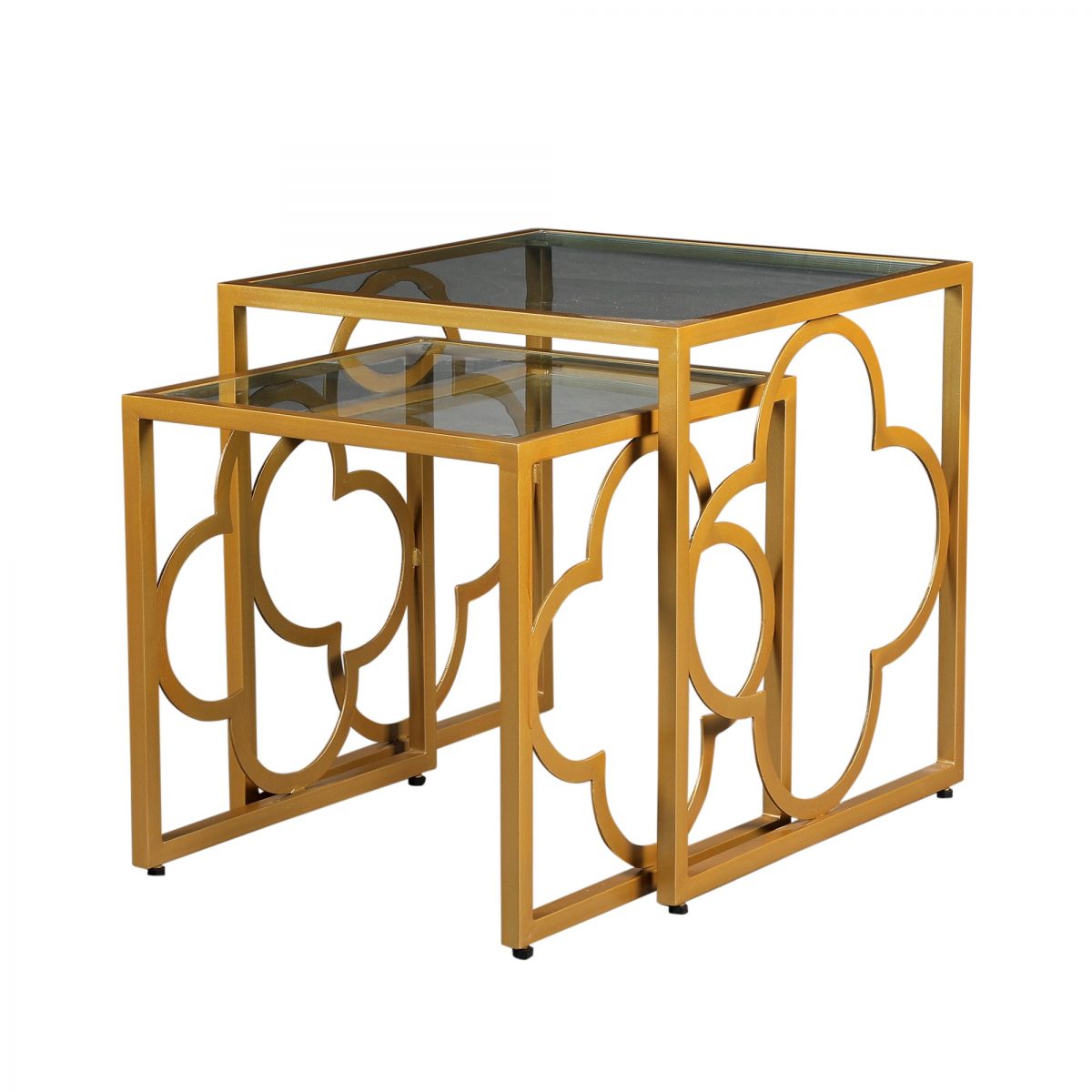 Set of 2 Gold Metal & Glass Nesting Tables - Modern Moroccan Accent Tables