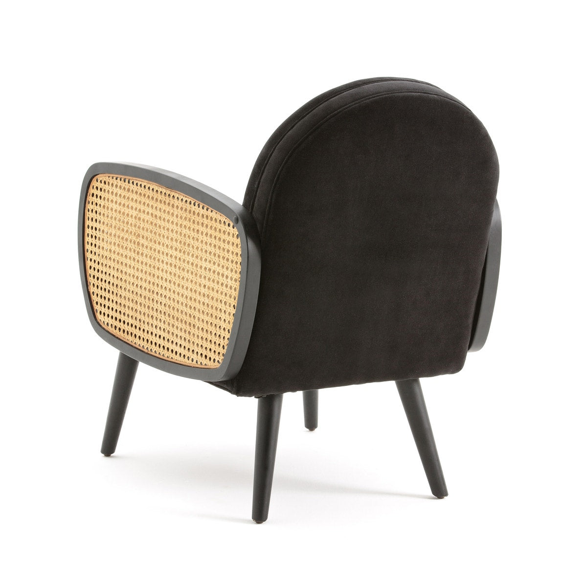 Elegant Rattan & Black Velvet Armchair | Modern Accent Chair