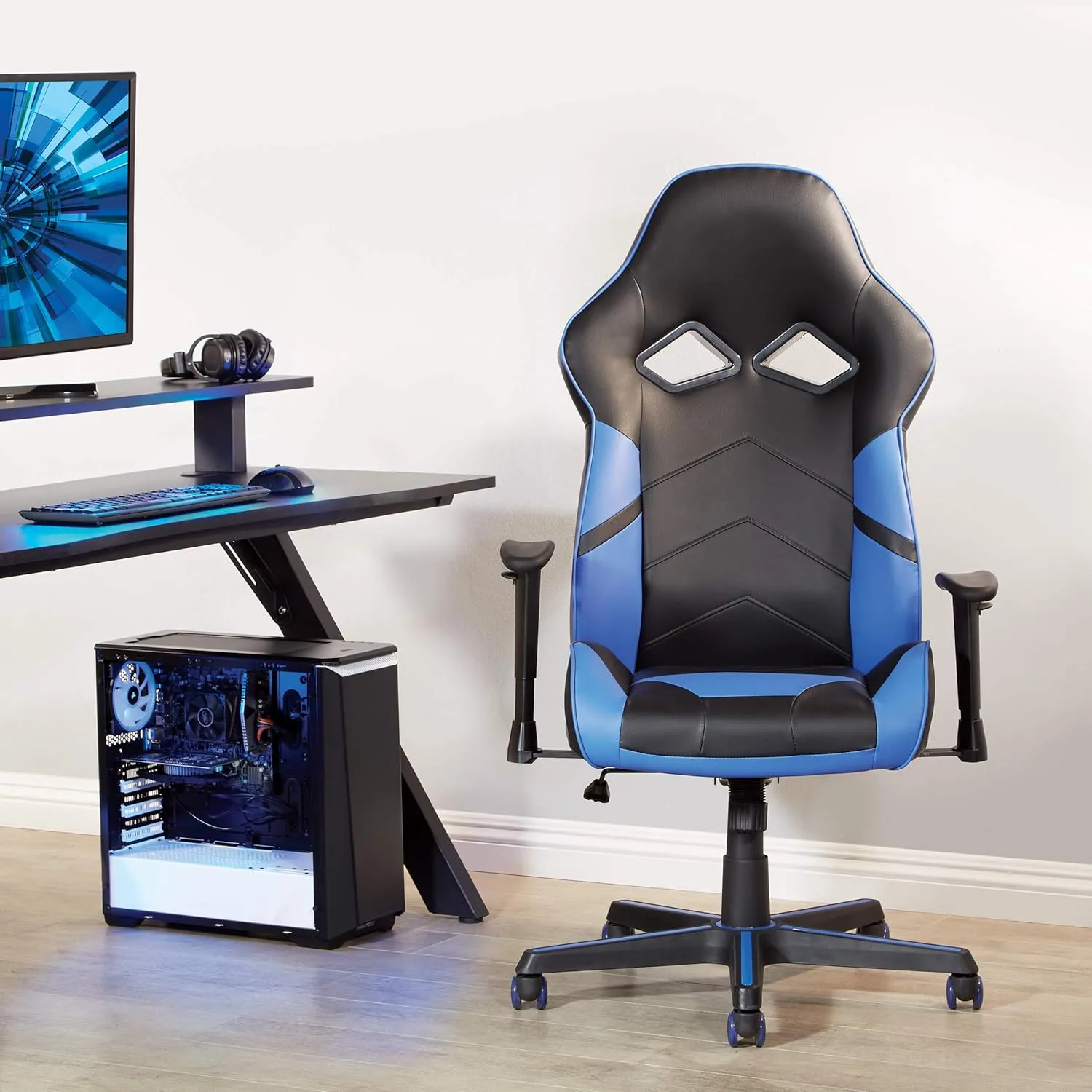 OSP Home Furnishings Vapor Ergonomic Adjustable High Back Faux Leather Gaming Chair with Coil Spring Seat and Integrated