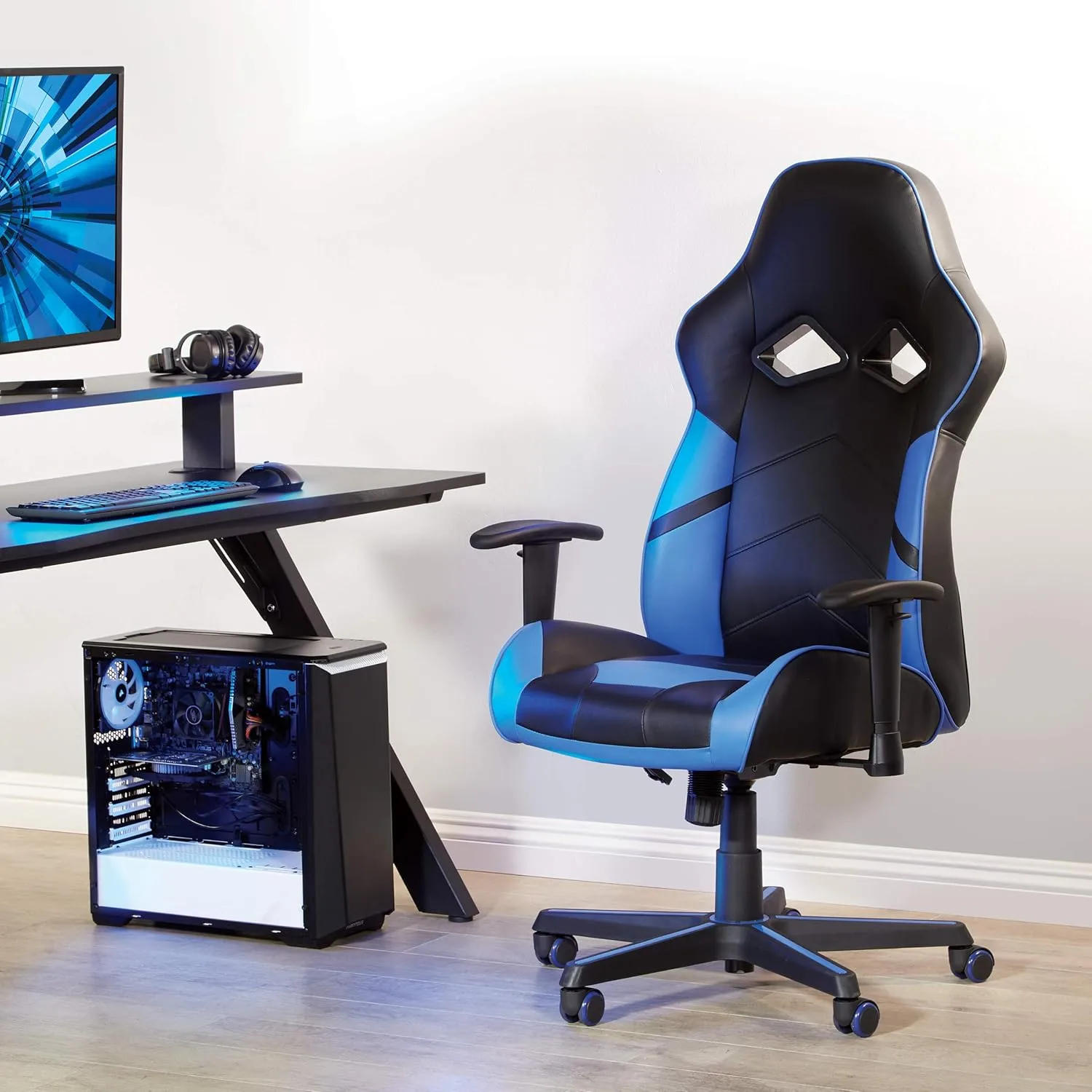 OSP Home Furnishings Vapor Ergonomic Adjustable High Back Faux Leather Gaming Chair with Coil Spring Seat and Integrated